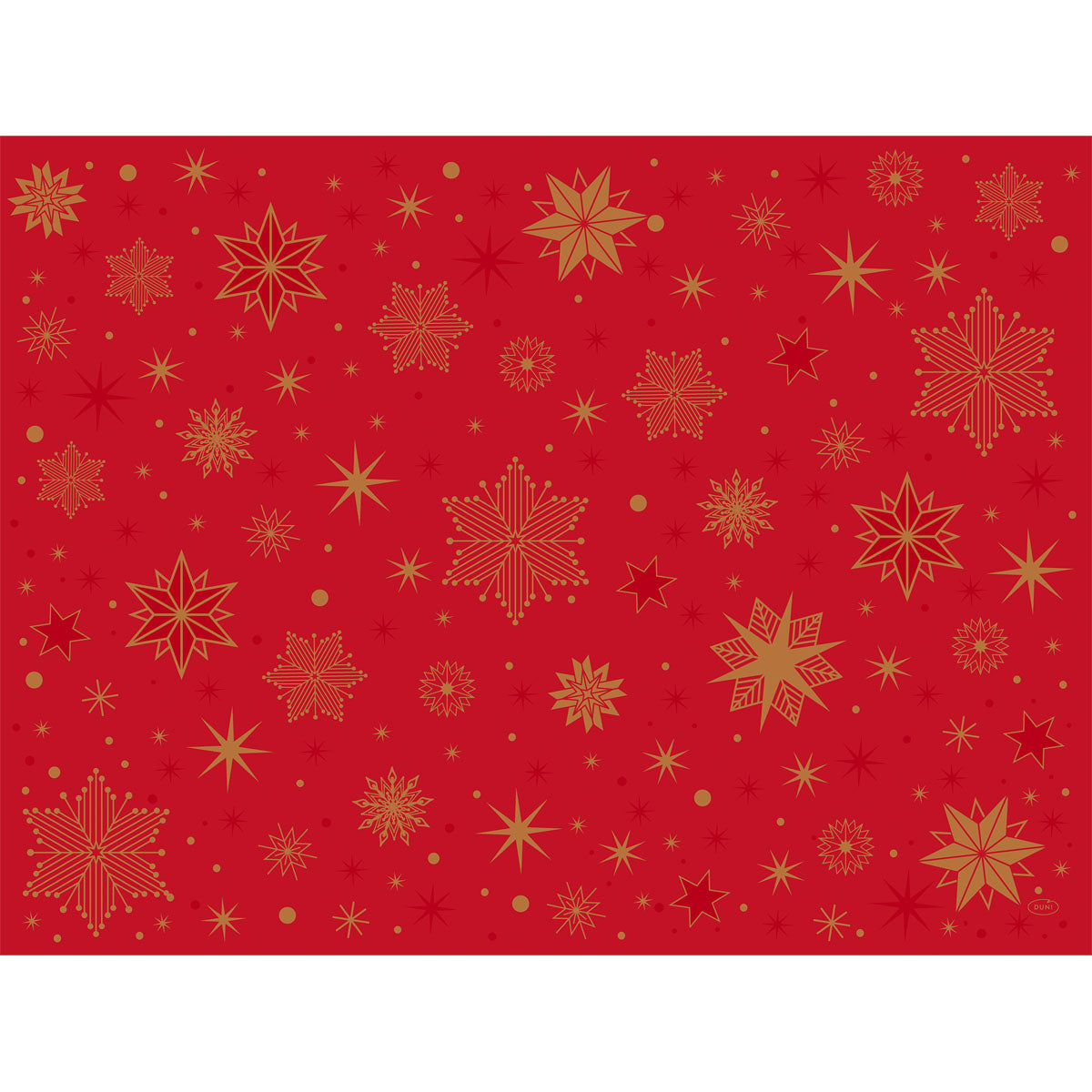 Ein roter Hintergrund mit sortierten goldenen Schneeflocken und Sternen in verschiedenen Größen, gleichmäßig verteilt - ideal für Duni GmbH Papier-Tischsets 30x40cm Stargazing rot, Packung (250 Stück), mit einem charmanten Sternenmotiv.