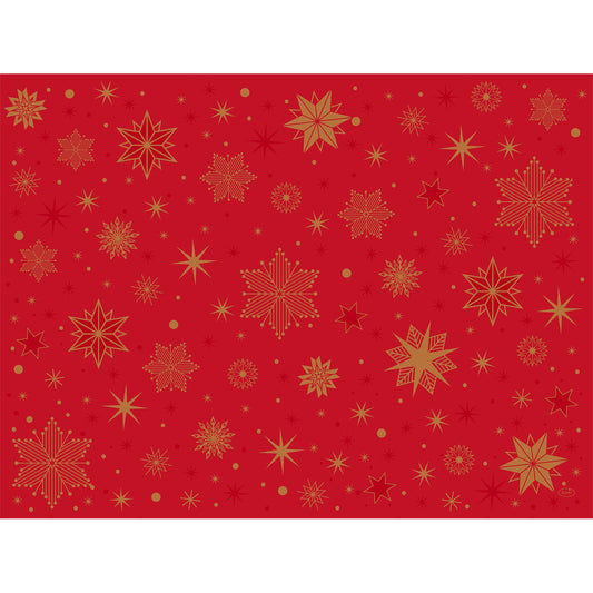 Ein roter Hintergrund mit sortierten goldenen Schneeflocken und Sternen in verschiedenen Größen, gleichmäßig verteilt - ideal für Duni GmbH Papier-Tischsets 30x40cm Stargazing rot, Packung (250 Stück), mit einem charmanten Sternenmotiv.