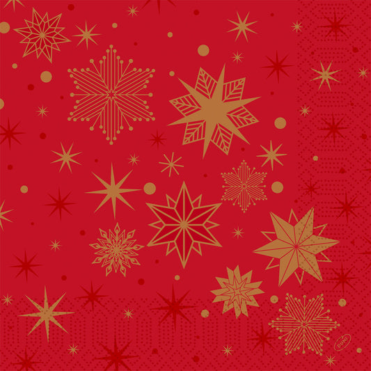 Die Servietten 40x40 3lagig 1/4 Stargazing red von Duni GmbH haben einen roten Hintergrund mit goldenen Schneeflocken und Sternen in verschiedenen Ausführungen sowie kleinen Punkten, die für einen festlichen Weihnachtslook sorgen. Die Packung enthält 250 Stück.