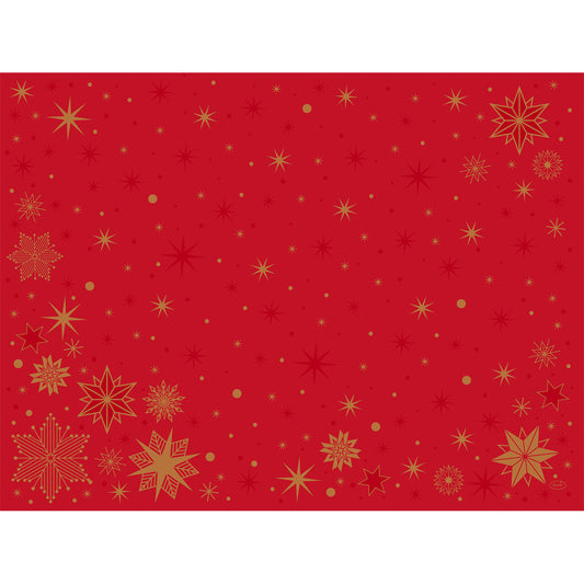Die Bio-Dunicel-Sets 30x40 Stargazing red der Duni GmbH haben einen leuchtend roten Hintergrund, der mit goldenen Schneeflocken und Sternen verziert ist - ideal für festliche, umweltfreundliche Tischdekorationen. Jede Packung enthält 100 Stück.
