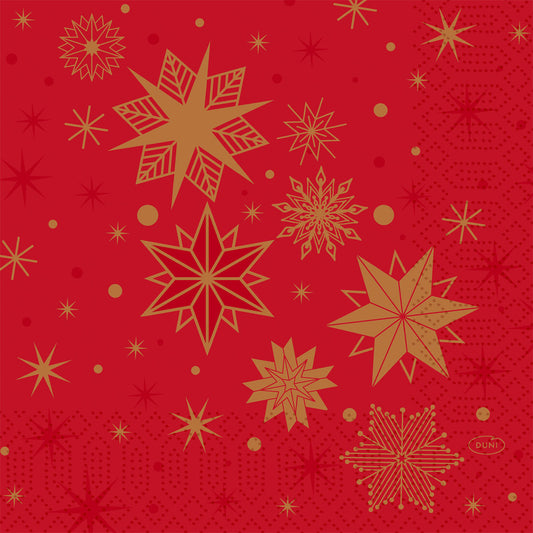 Die Duni GmbH Servietten 33x33 3lagig 1/4 Stargazing rot (250 Stück) bringen mit ihrem leuchtend roten Hintergrund und den goldenen Starburst-Details festliche Eleganz auf Ihren Tisch - ideal für jede Festtagsfeier.