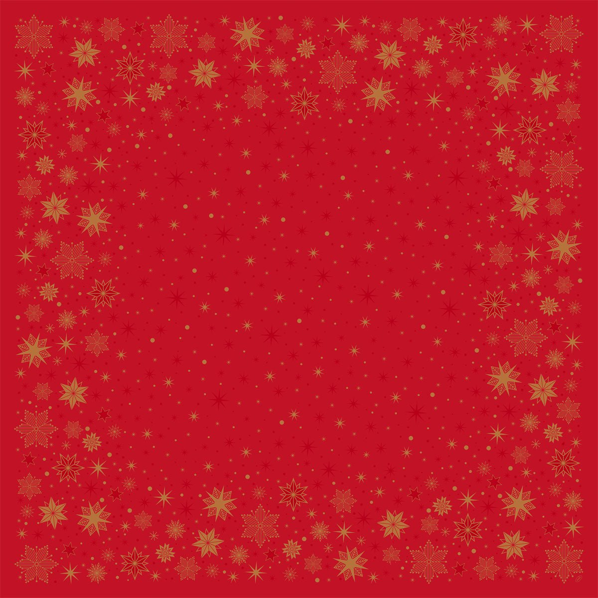 Red background with a golden snowflake and star border leaving the center open - ideal for presenting the Bio-Dunicel middle cover 84x84 cm in red from Duni GmbH at stargazing events or as sustainable holiday decoration.