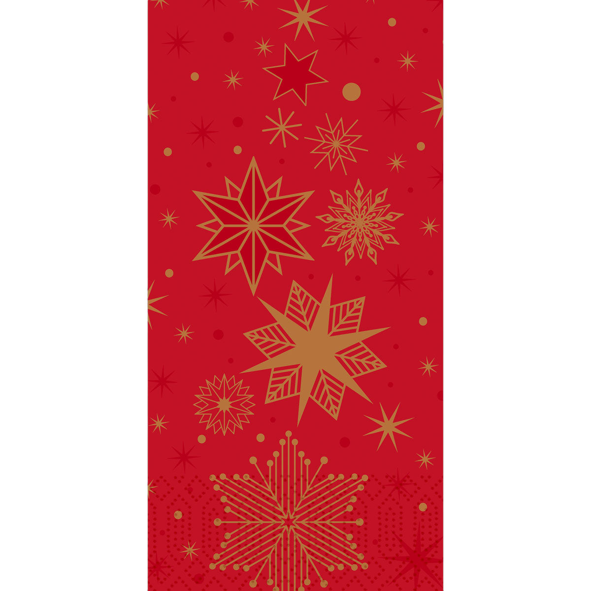 Die Duni GmbH Servietten 40x40 3lagig 1/8 Stargazing rot (250 Stück) haben einen roten Hintergrund mit verstreuten goldenen Schneeflocken und Sternen.