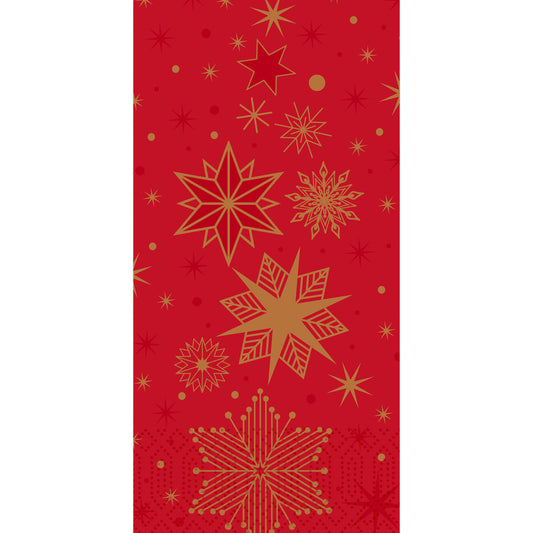 Die Duni GmbH Servietten 40x40 3lagig 1/8 Stargazing rot (250 Stück) haben einen roten Hintergrund mit verstreuten goldenen Schneeflocken und Sternen.