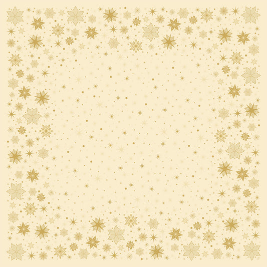 Die Bio-Dunicel-Mitteldecke 84x84cm Stargazing creme von Duni GmbH hat eine quadratische Bordüre aus goldenen Schneeflocken und Punkten auf cremefarbenem Untergrund, ideal für alle, die eine umweltfreundliche Tischdekoration mit einer meist leeren Mitte suchen.