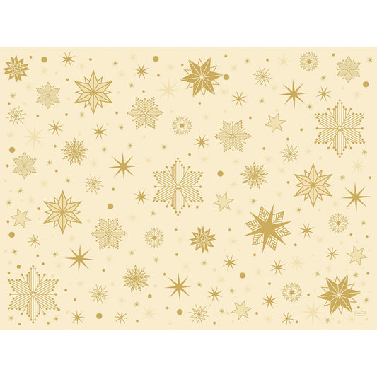 Die Duni GmbH Papier-Tischsets 30x40cm Stargazing creme haben einen beigen Hintergrund mit goldenen Sternen und Schneeflocken in verschiedenen Größen und Stilen, gleichmäßig verstreut für ein himmlisches Design. Packung mit 250 Stück.