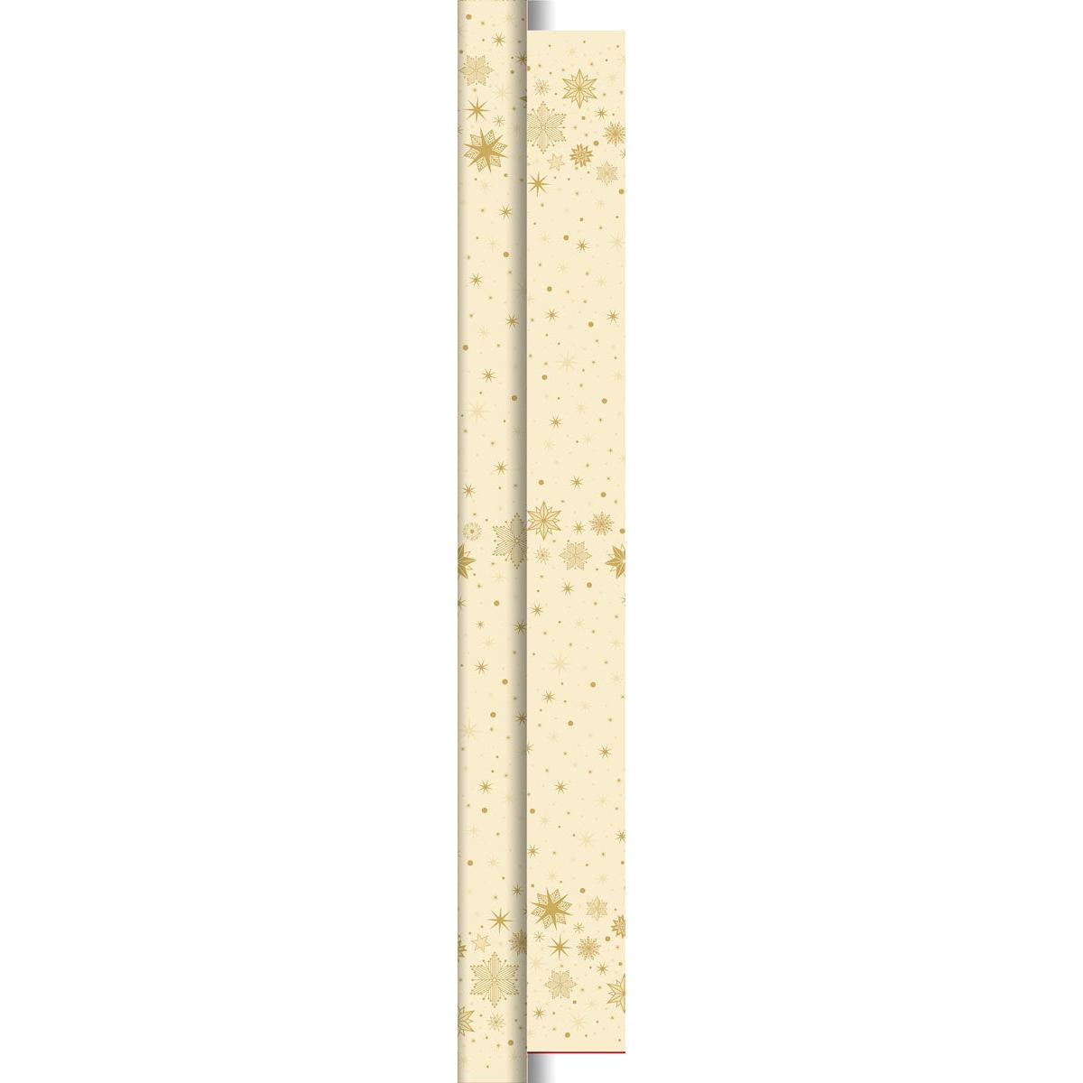 Ein vertikaler Streifen der Duni GmbH Dunicel-Rolle 10x1,18m Star Stargazing creme (1 Stück) zeigt goldene Stern- und Schneeflockenmuster, mit einem gerollten Rand auf der linken Seite und einem festlichen, sich wiederholenden Hintergrund der Tischdekoration.