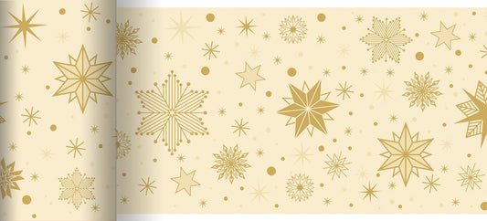 Der Bio-Dunicel Tischläufer 0,15x20m Stargazing von Duni GmbH ist ein beiger, umweltfreundlicher Tischläufer mit goldenen Sternen, Schneeflocken und Punkten - perfekt für nachhaltige Feste.