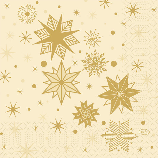 Bringen Sie Eleganz auf Ihren Tisch mit den Servietten 33x33 3lagig 1/4 Stargazing creme (Packung à 50 Stück) der Duni GmbH, mit goldenen geometrischen Sternen und Punkten auf einem beigen Hintergrund mit dezentem Gitter- und Punktmuster.