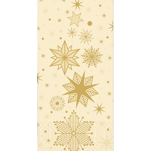 Die Servietten 40x40 3lagig 1/8 Stargazing cream von Duni GmbH haben einen beigen Hintergrund mit verschiedenen goldenen Schneeflocken und kleinen Sternen in einem sich wiederholenden Muster. Die Packung enthält 250 Servietten.
