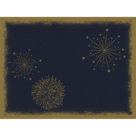Ein dunkelblauer Hintergrund mit abstrakten Feuerwerks- und Sternenmustern in Gold, umrahmt von einem strukturierten Goldrahmen. Inspiriert von den Bio-Dunicel-Sets 30x40 Sparkly black (100 Stück) der Duni GmbH, perfekt für einen eleganten, festlich gedeckten Tisch.