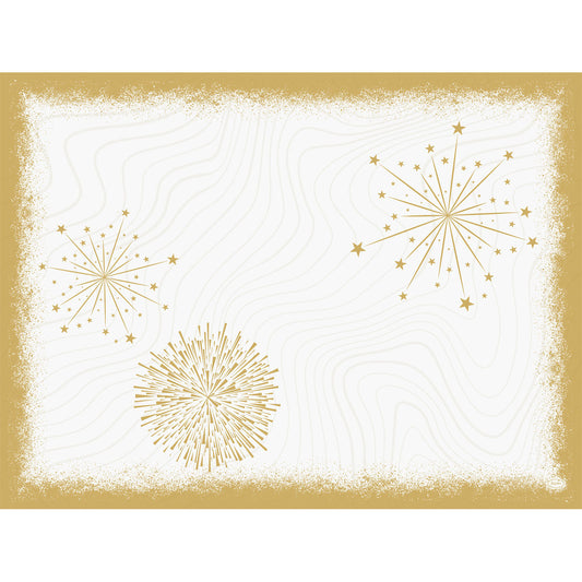 Die Bio-Dunicel-Sets 30x40 Sparkly white von Duni GmbH (Packung 100 Stück) haben einen weißen Hintergrund mit einer goldenen, strukturierten Umrandung und drei goldenen Sternenmustern und bieten umweltfreundliche Eleganz mit dezenten Wellenlinien in der Mitte.