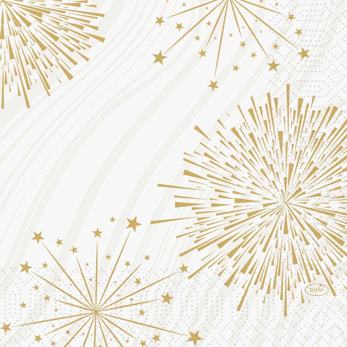 Golden fireworks and starbursts sparkle on these Duni GmbH 33x33 3-ply napkins, adding a festive touch to any event. The Sparkly White 1/4-fold napkins (pack of 50) are perfect for stylish celebrations.