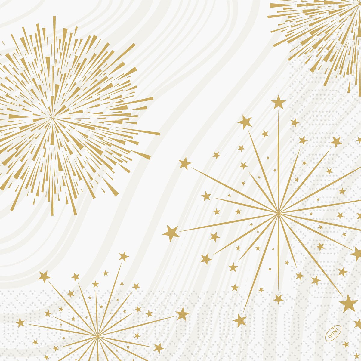 Add a touch of elegance to any celebration with Duni GmbH's 40x40 3-ply "1/4 Sparkly White" napkins. These 250 napkins, featuring gold stars and fireworks on a white background, will bring a festive touch to your table.