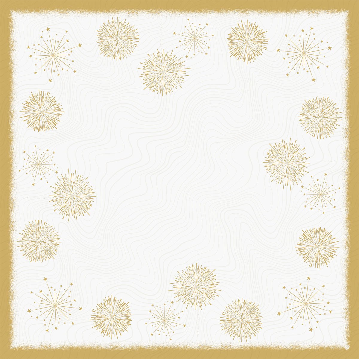 The Bio-Dunicel tablecloth 84x84cm Sparkly white from Duni GmbH has a square white background with a textured golden border and star patterns on the edges, as well as wave lines in the middle - perfect for an environmentally friendly table setting. Pack (20 pieces).
