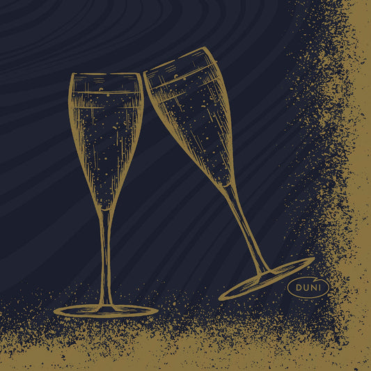 Auf den schwarzen Bio-Dunisoft 20x20 Sparkly Cheers Servietten der Duni GmbH (Packung, 180 Stück) ist eine einfache Strichzeichnung von zwei sich berührenden Champagnerflöten zu sehen, die sich vor einem dunklen Hintergrund mit goldenen Sprenkeln und einem "DUNI"-Oval unten rechts abhebt.