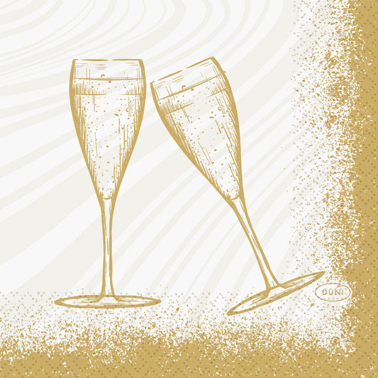Zwei mit Sekt gefüllte Sektflöten klirren in dieser gold-weißen Illustration für Duni GmbH Servietten 24x24 3lagig 1/4 Sparkly Cheers white (Packung 50 Stück), umrahmt von einem gesprenkelten Goldrand - perfekt für festliche Momente.