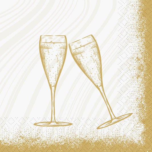 Eine schlichte goldene Strichzeichnung von zwei Sektgläsern auf Weiß mit Goldsprenkeln - ideal für Duni GmbH Servietten 33 3-lagig 1/4 Sparkly Cheers weiß (50 Stück) für stilvolle Partys oder Feiern.