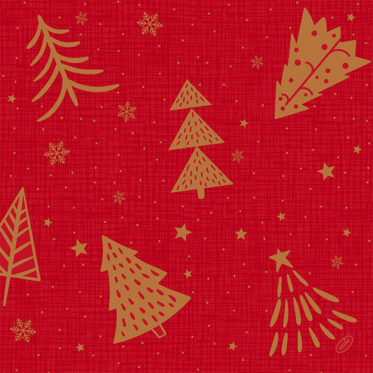 Ein rot gemusterter Hintergrund mit goldenen Bäumen, Sternen, Schneeflocken und Stechpalmen - ideal für die Servietten 40x40 4-lagig Klassik Shimmer Trees (50 Stück) der Duni GmbH für festliche Anlässe.