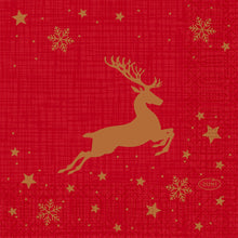 A golden reindeer jumps on a red background with golden stars and snowflakes. In small print appears "Duni GmbH", perfect for the collection Napkins 24x24 3-ply 1/4 Shimmer Trees | Package (50 pieces).
