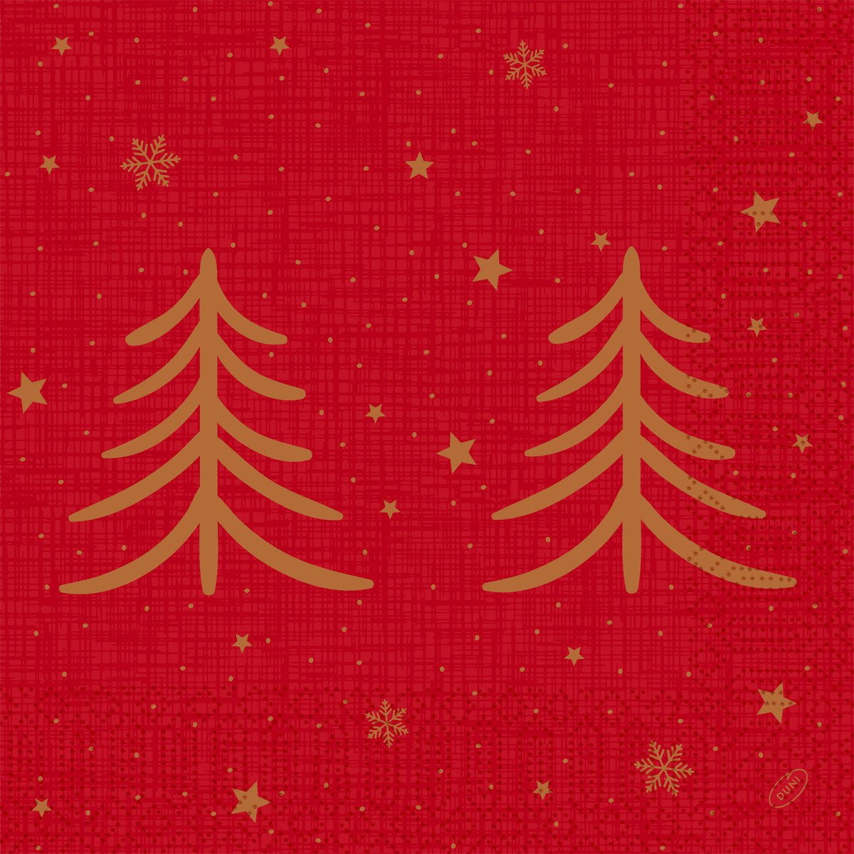 The 40x40, 3-ply "1/4 Shimmer Trees" napkins (pack of 250) from Duni GmbH feature two shimmering gold trees on a red patterned background with gold stars and snowflakes—perfect for adding a touch of elegance to any festive table.