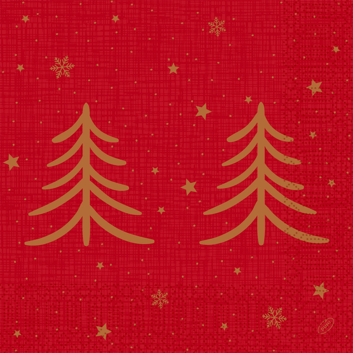 Die Servietten 40x40 3lagig 1/4 Shimmer Trees (Packung, 250 Stück) der Duni GmbH zeigen zwei goldschimmernde Bäume auf einem rot gemusterten Hintergrund mit goldenen Sternen und Schneeflocken - ideal, um jeder festlichen Tafel Eleganz zu verleihen.