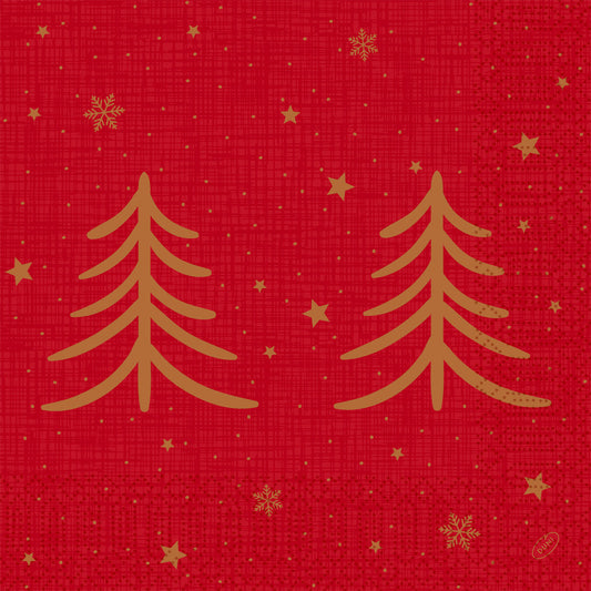 Die Servietten 40x40 3lagig 1/4 Shimmer Trees (Packung, 250 Stück) der Duni GmbH zeigen zwei goldschimmernde Bäume auf einem rot gemusterten Hintergrund mit goldenen Sternen und Schneeflocken - ideal, um jeder festlichen Tafel Eleganz zu verleihen.