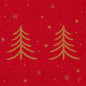The 40x40, 3-ply "1/4 Shimmer Trees" napkins (pack of 250) from Duni GmbH feature two shimmering gold trees on a red patterned background with gold stars and snowflakes—perfect for adding a touch of elegance to any festive table.