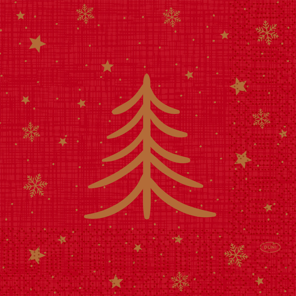 Ein goldener stilisierter Weihnachtsbaum steht auf einem roten Gitterhintergrund mit goldenen Sternen und Schneeflocken - ideal für die Servietten 33x33 3lagig 1/4 Shimmer Trees der Duni GmbH, Packung (250 Stück).