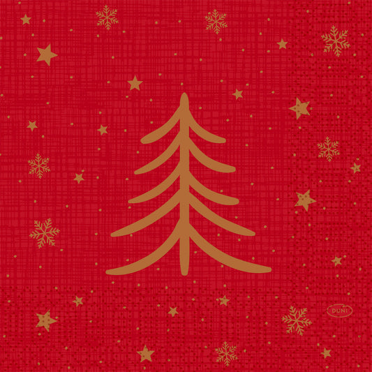 Ein goldener stilisierter Weihnachtsbaum steht auf einem roten Gitterhintergrund mit goldenen Sternen und Schneeflocken - ideal für die Servietten 33x33 3lagig 1/4 Shimmer Trees der Duni GmbH, Packung (250 Stück).