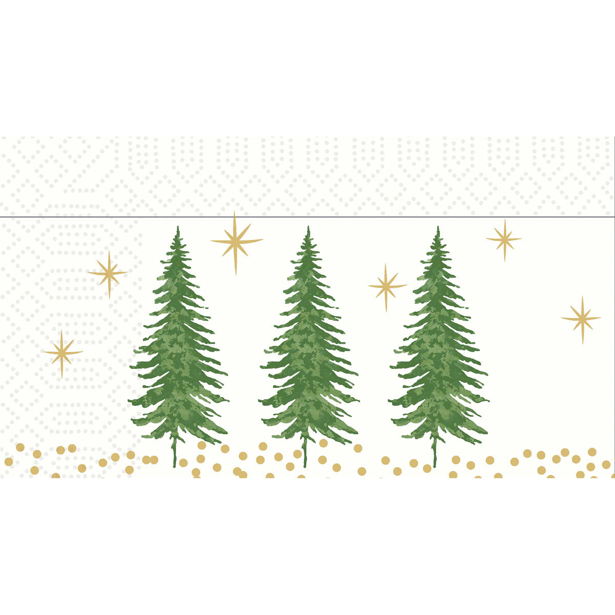 Die "Dispenser-Servietten 33 2-lagig Humble Trees" der Duni GmbH zeigen vier grüne Tannenbäume mit goldenen Akzenten auf weißem, gemustertem Hintergrund, perfekt um einen festlichen Akzent zu setzen. Die Packung enthält 300 Stück.