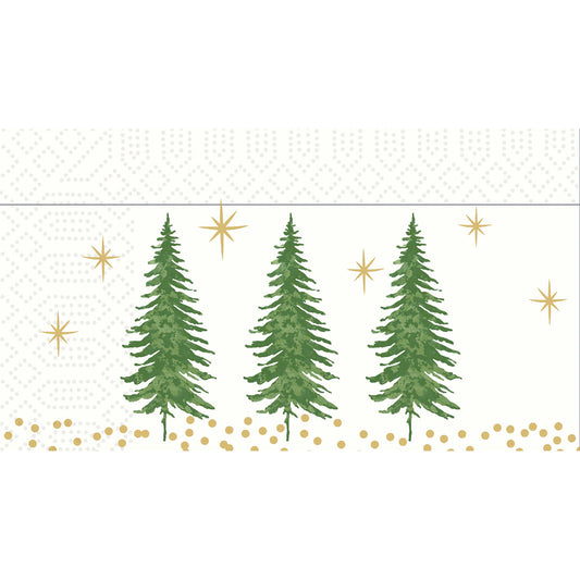 Die "Dispenser-Servietten 33 2-lagig Humble Trees" der Duni GmbH zeigen vier grüne Tannenbäume mit goldenen Akzenten auf weißem, gemustertem Hintergrund, perfekt um einen festlichen Akzent zu setzen. Die Packung enthält 300 Stück.