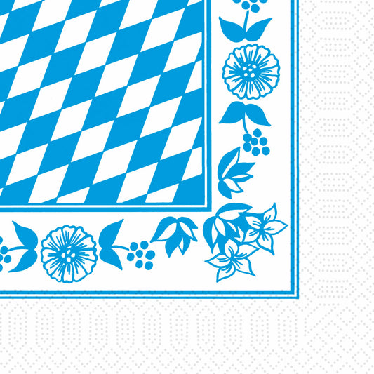 Nur die Ecke der Duni GmbH Zelltuchservietten 33 x 33 cm 3-lagig mit Bayer. Raute (250 Stück) mit blau-weißem bayerischem Rautenmuster, floraler Bordüre und weißem Hintergrund mit dezentem Punktedesign abgebildet.