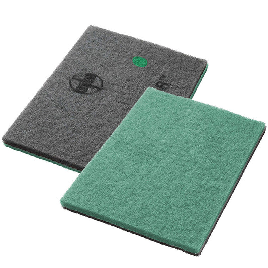 Auf weißem Grund sind zwei rechteckige Diversey Deutschland Twister Pads zur Steinbodenreinigung nebeneinander abgebildet: ein grünes „Unterhaltsreinigungs-Pad für Steinböden“ und ein dunkelgraues, beide mit grober Struktur.