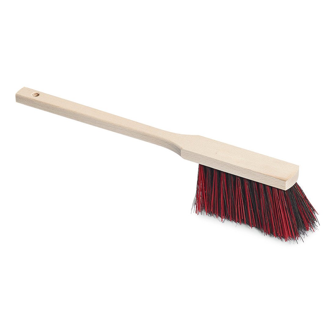 The Nölle Profi Brush Long Handle Hand Broom 43 cm from Nölle Profi Brush Bürsten- & Pinseltechnik e.K. features angled Arenga/Elaston bristles and a wooden handle with hanging hole, ideal for precise sweeping or cleaning.
