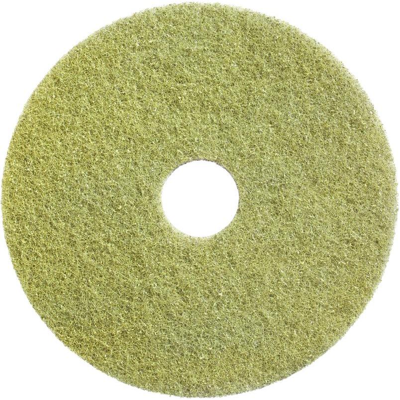 Das Diversey Twister Pad (gelb) von Diversey Deutschland GmbH & Co. OHG ist ein rundes Restaurierungs-Pad mit Loch für die Reinigung und Restaurierung von Steinböden, auf weißem Hintergrund von oben abgebildet.