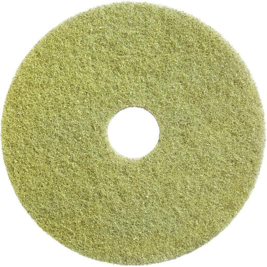 Das Diversey Twister Pad (gelb) von Diversey Deutschland GmbH & Co. OHG ist ein rundes Restaurierungs-Pad mit Loch für die Reinigung und Restaurierung von Steinböden, auf weißem Hintergrund von oben abgebildet.
