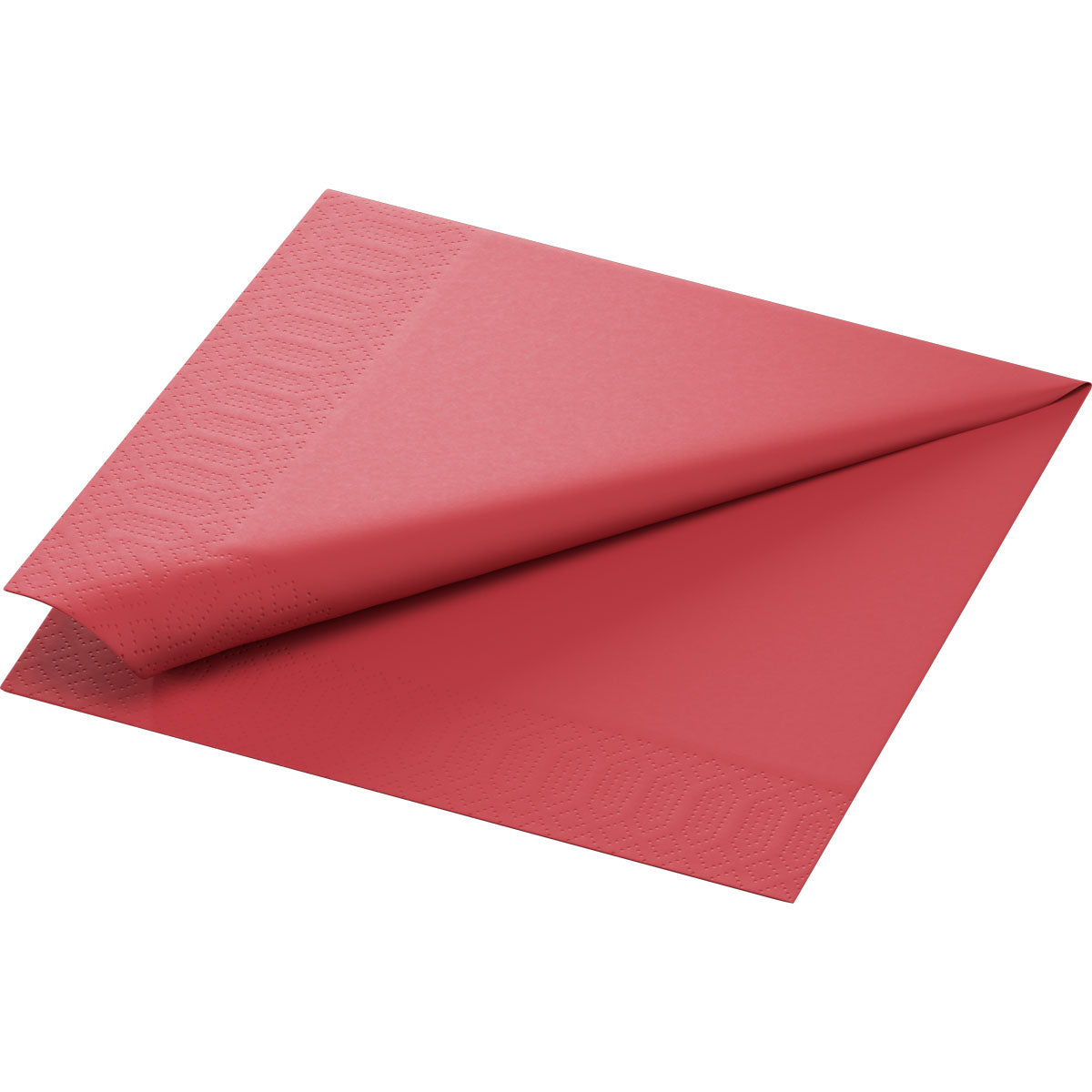 Ein Duni GmbH Zelltuchservietten 40 x 40 cm 3lagig 1/4 Falz bordeaux aus einer 250er Packung ist teilweise aufgefaltet und zeigt seine quadratische Form mit dezenter Randprägung.