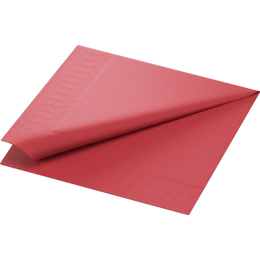 Ein Duni GmbH Zelltuchservietten 40 x 40 cm 3lagig 1/4 Falz bordeaux aus einer 250er Packung ist teilweise aufgefaltet und zeigt seine quadratische Form mit dezenter Randprägung.