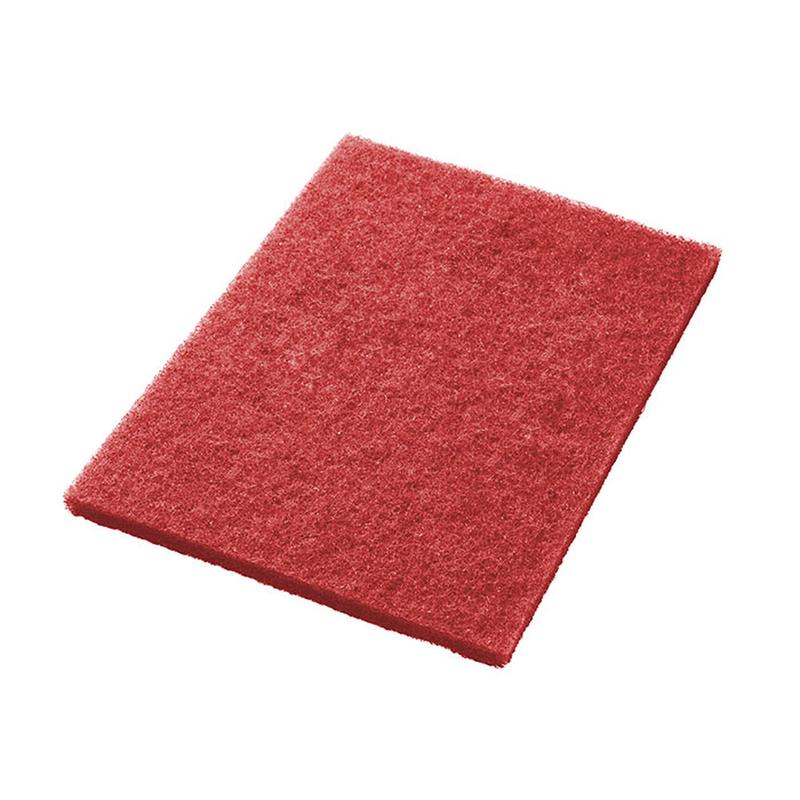 A red, rectangular Twister Pad TXP square scrubbing pad 14 inches from Diversey Deutschland GmbH & Co. OHG is depicted on a white background. This scrubbing pad has a rough, fibrous texture with slightly beveled edges.