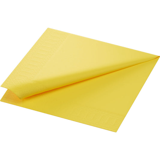 Ein teilweise entfalteter Zelltuchservietten 40 x 40 cm 3lagig 1/4 Falz gelb von Duni GmbH wird auf einem weißen Hintergrund gezeigt, der seinen strukturierten Rand zeigt. Die Packung enthält 250 gelbe Papierservietten.