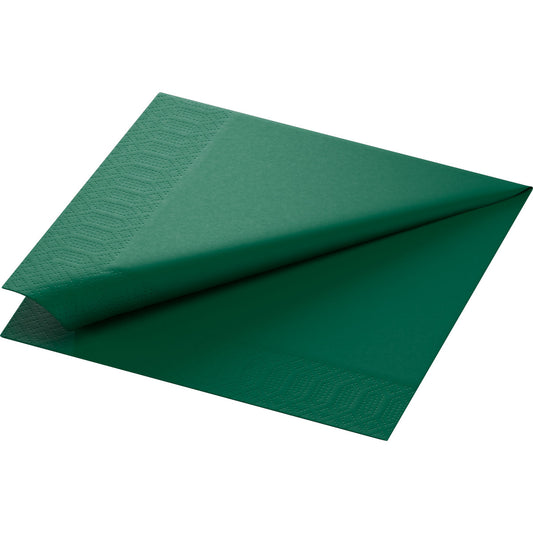 Ein Stapel Duni GmbH Zelltuchservietten 40 x 40 cm 3lagig 1/4 Falz in jägergrün (Packung mit 250 Servietten), wobei die oberste Serviette leicht angehoben ist, um ihre Struktur und den geprägten Rand zu zeigen.