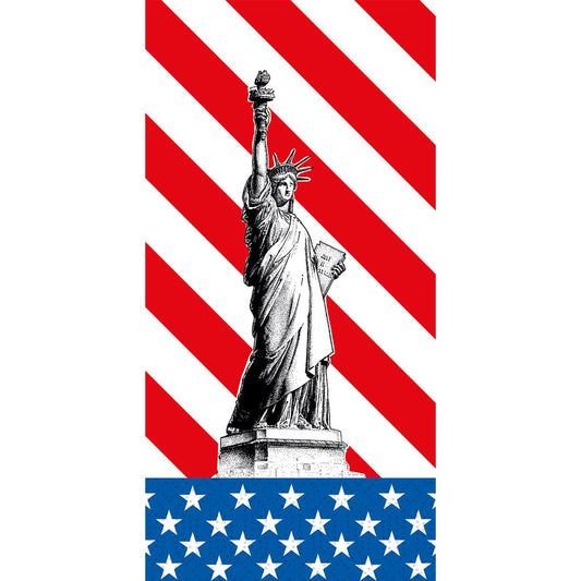 Eine schwarz-weiße Freiheitsstatue steht vor rot-weißen Streifen und einem sternförmigen blauen Feld auf Duni GmbH Zelltuchservietten 40 x 40 cm, 2-lagig, 1/8 Kopffalz USA, Packung (300 Servietten).