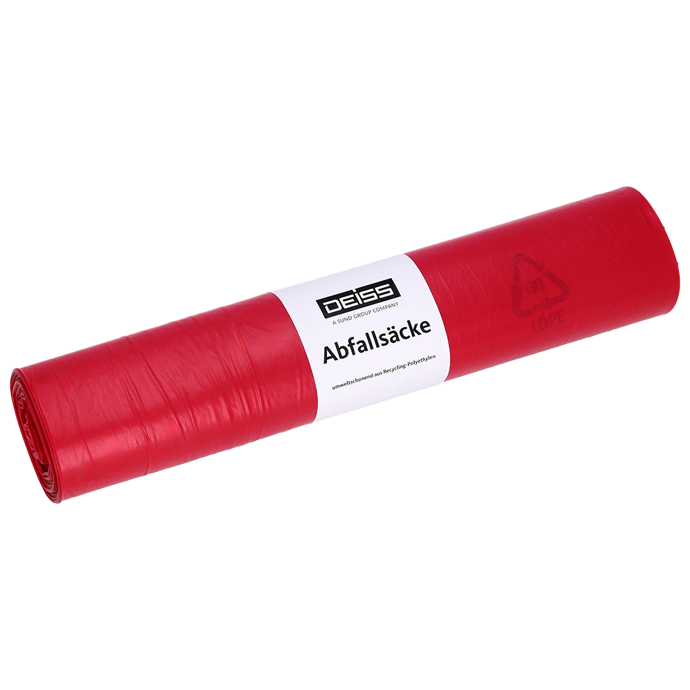 Abgebildet ist eine eng gerollte DEISS Müllsäcke Typ 60 (70 l, 575x1000 mm) aus Recycling-LDPE der EMIL DEISS KG (GmbH + Co.), in rot mit weißem "DEISS Abfallsäcke"-Label und Recycling-Symbol, auf einfarbig weißem Hintergrund.