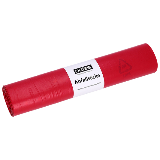 Eine Rolle EMIL DEISS KG (GmbH + Co.) DEISS 21720 Müllsäcke, 575x1000 mm in rot, 25 Säcke pro Rolle, mit weißem Etikett mit der Aufschrift "DEISS Abfallsäcke" und Recyclingsymbolen, abgebildet auf einem schlichten weißen Hintergrund.