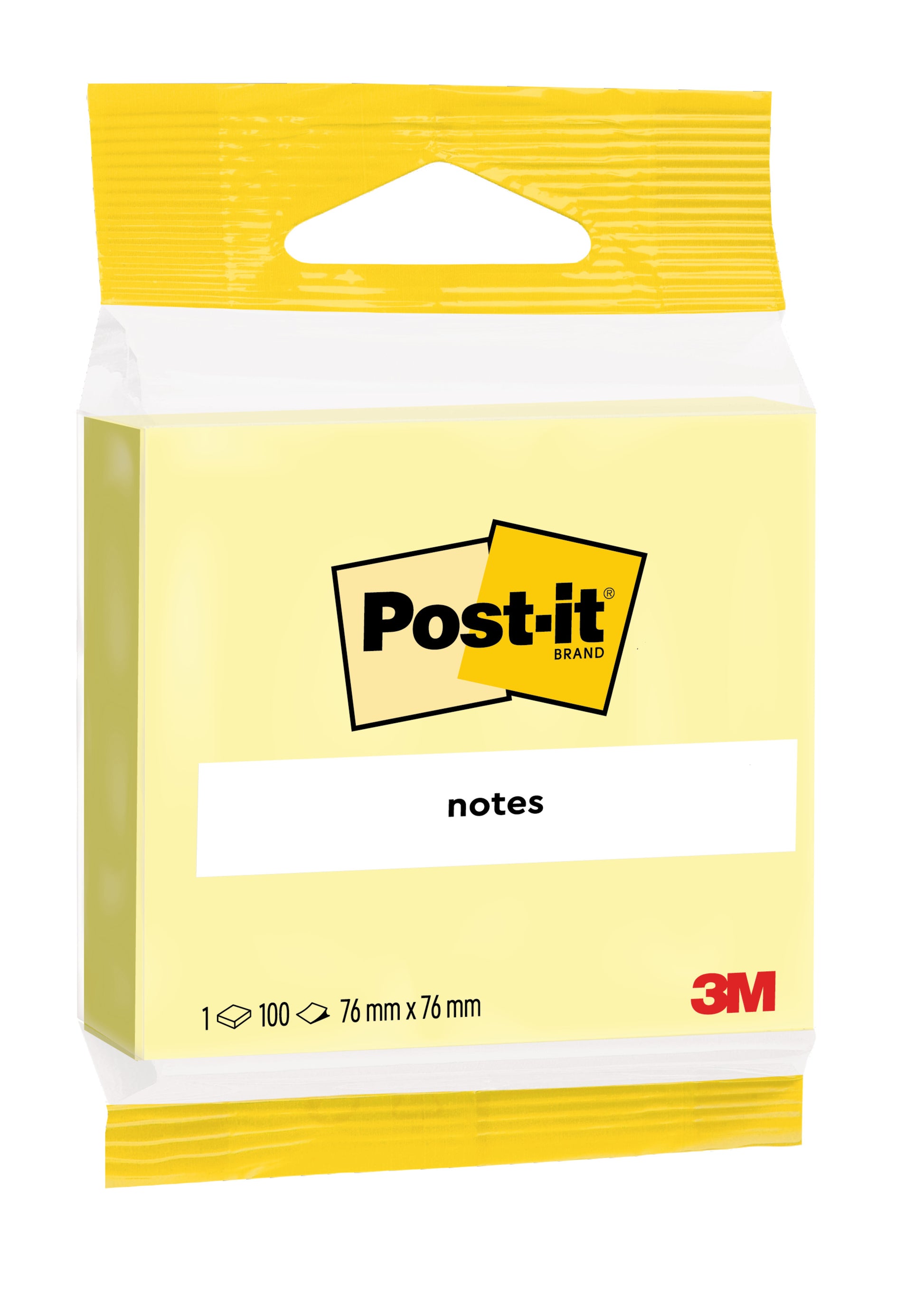 Post-it® Notes in Gelb, 76 x 76 mm, 100 Blatt pro Block, 1 Block/Packung von 3M Deutschland GmbH, PEFC-zertifiziert (SGSCH-PEFC-COC-110078). Die Verpackung ist überwiegend gelb und weiß mit dem 3M-Logo unten rechts.
