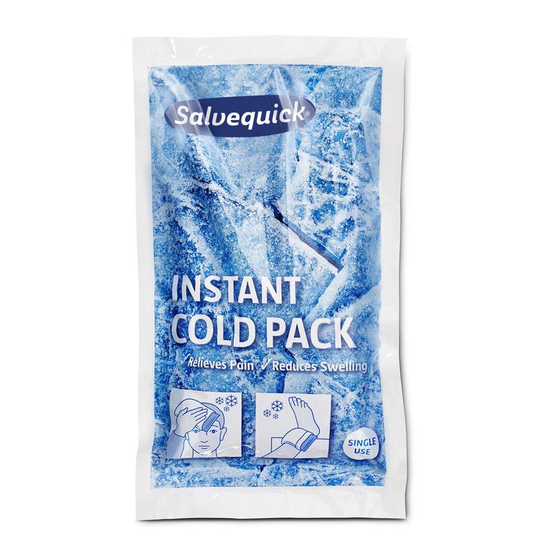 A sealed Orkla Wound Care AB "Salve Instant Cool Pack | Pack (1 piece)" with instructions for pain relief and swelling reduction; packaging with ice motif, shows application on forehead/ankle - ideal for sports injuries, single use.