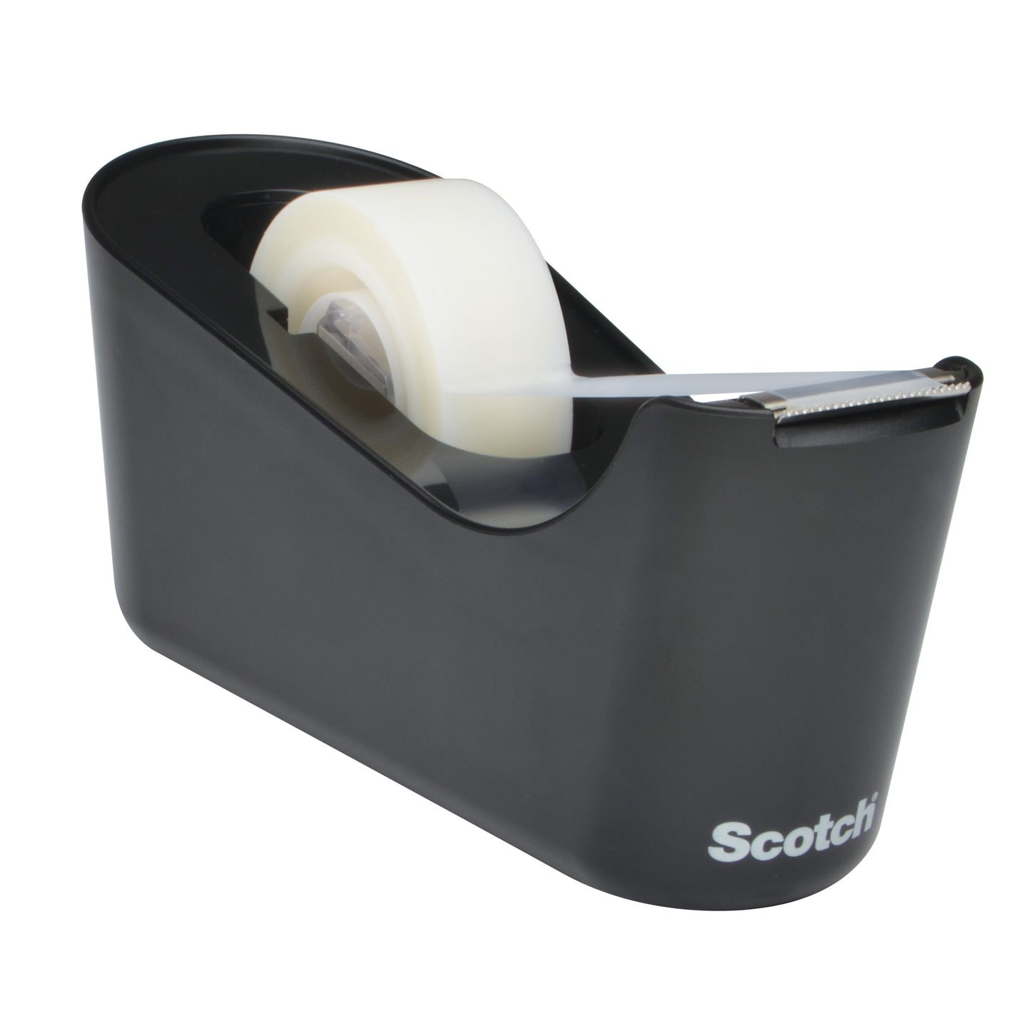 The Scotch™ Desktop Dispenser C18 in Black incl. Scotch® Magic™ Invisible Tape (1 Roll/Pack) from 3M Deutschland GmbH is an ideal office accessory - with a white "Scotch" logo on the front, perfect for any workplace.