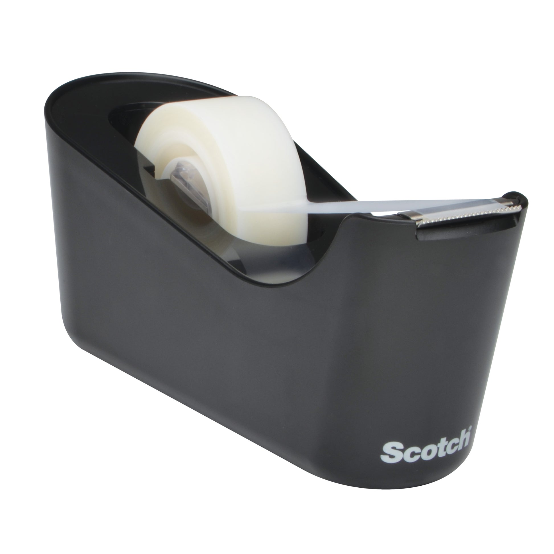 Ein schwarzer Scotch™ C18 Tischabroller der 3M Deutschland GmbH, bestückt mit einer Rolle unsichtbarem Scotch® Magic™ Klebeband; auf der Vorderseite steht in weißer Schrift "Scotch".