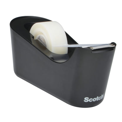 The Scotch™ Desktop Dispenser C18 in Black incl. Scotch® Magic™ Invisible Tape (1 Roll/Pack) from 3M Deutschland GmbH is an ideal office accessory - with a white "Scotch" logo on the front, perfect for any workplace.